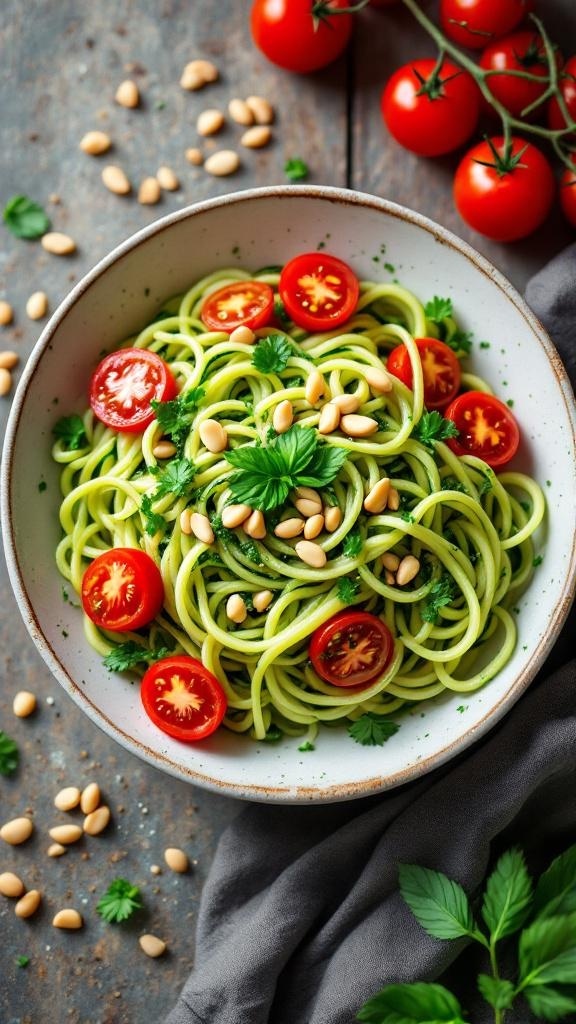 A bowl of zucchini noodles topped with pesto, cherry tomatoes, and pine nuts.