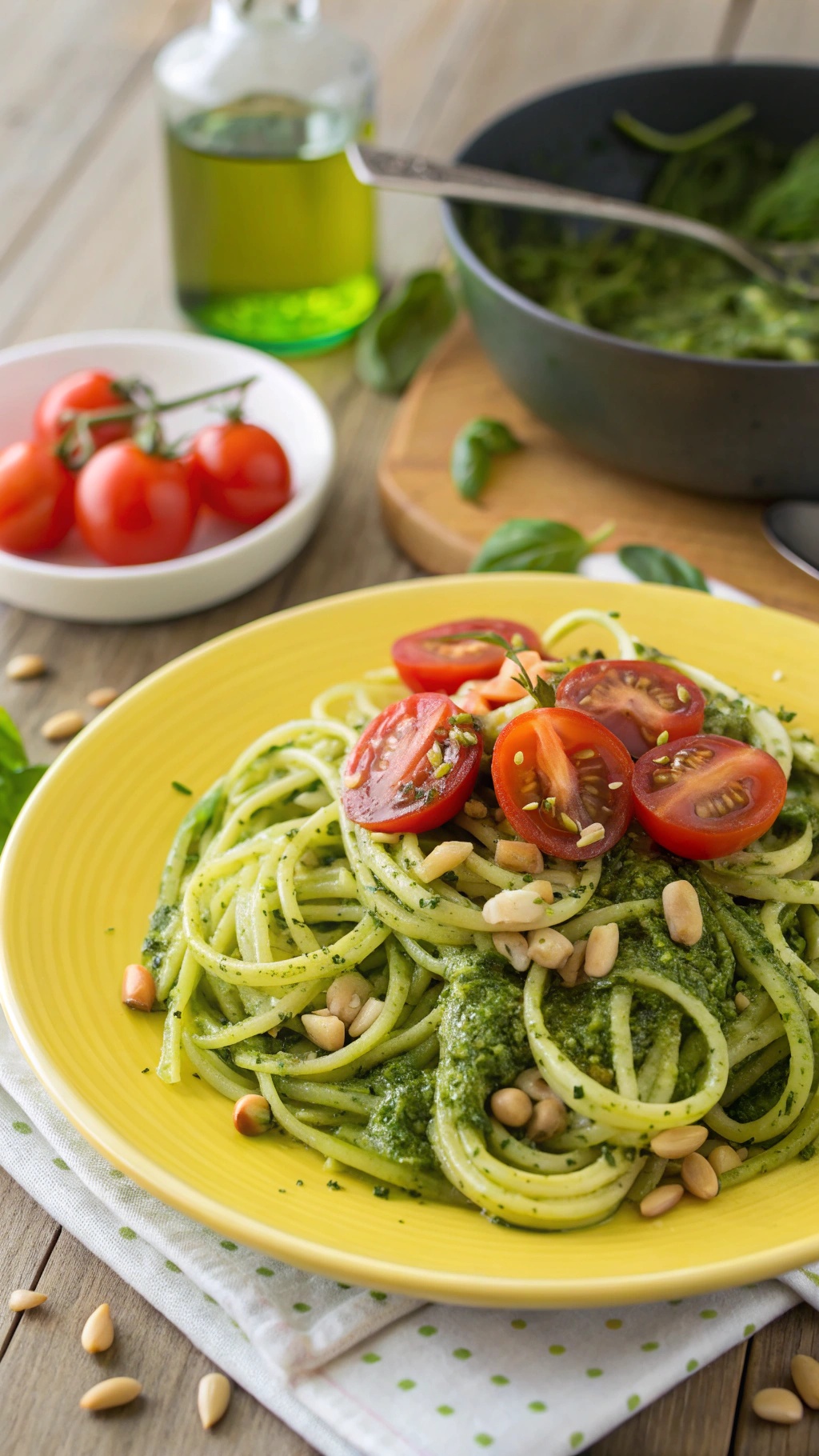 A plate of zucchini noodles topped with pesto and cherry tomatoes, with olive oil and fresh basil in the background.