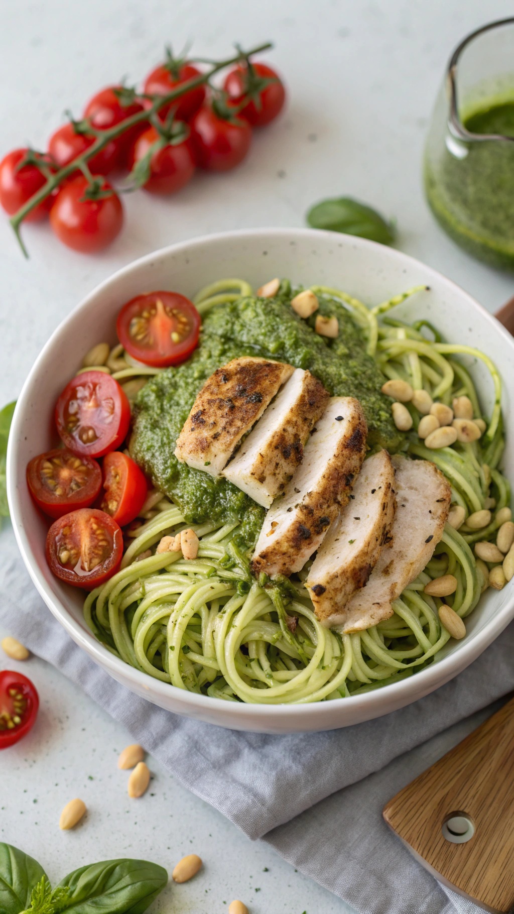 A bowl of zucchini noodles topped with pesto, grilled chicken, and cherry tomatoes, garnished with pine nuts.