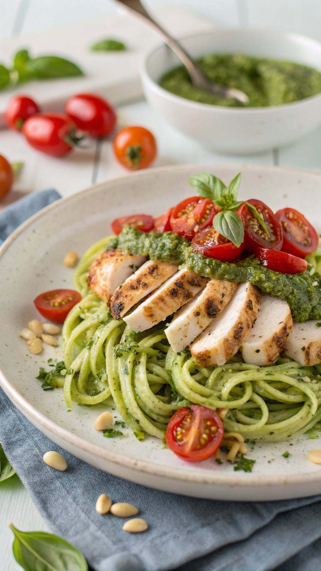 A plate of zucchini noodles topped with grilled chicken, pesto, and cherry tomatoes.
