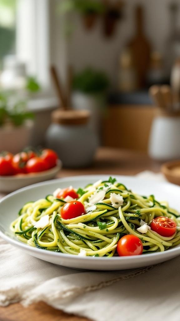 A plate of zucchini noodles with pesto and cherry tomatoes, set in a cozy kitchen environment.
