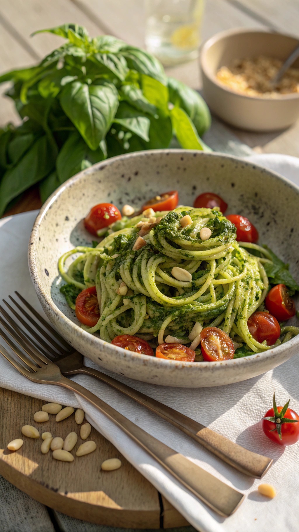 A bowl of zucchini noodles with pesto, cherry tomatoes, and pine nuts on a wooden table.