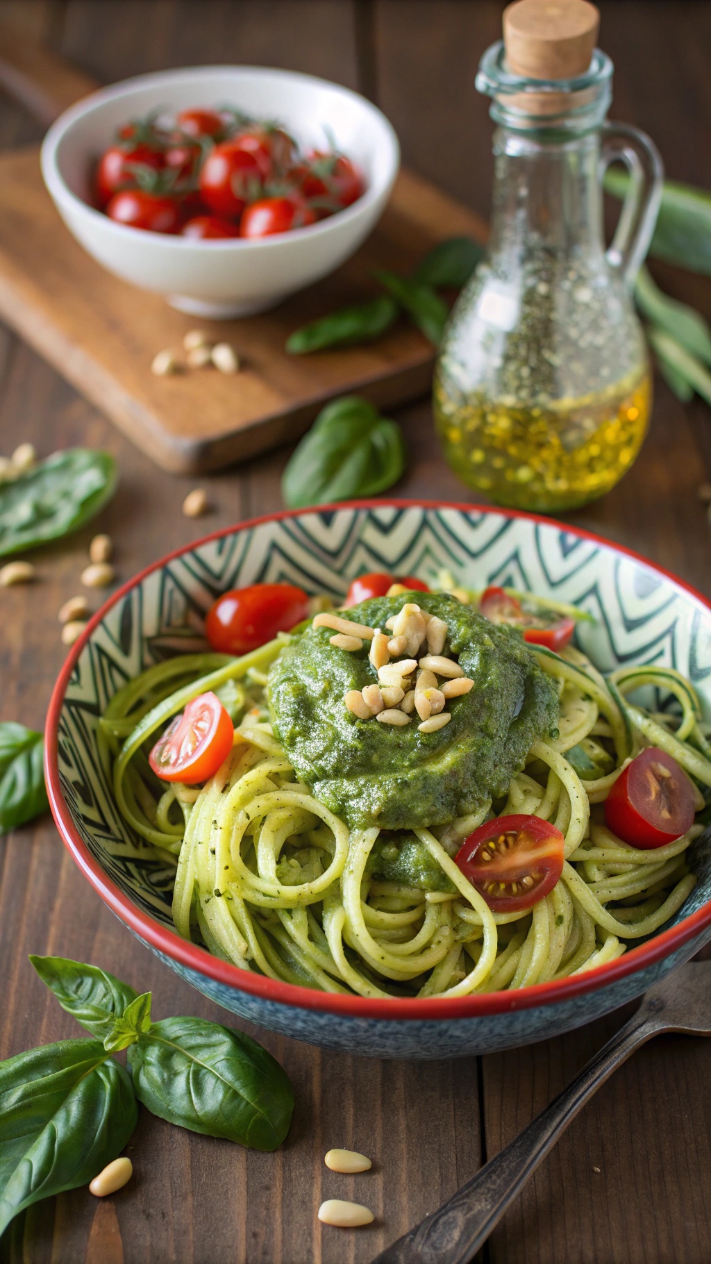 A bowl of zucchini noodles topped with pesto sauce, cherry tomatoes, and pine nuts.