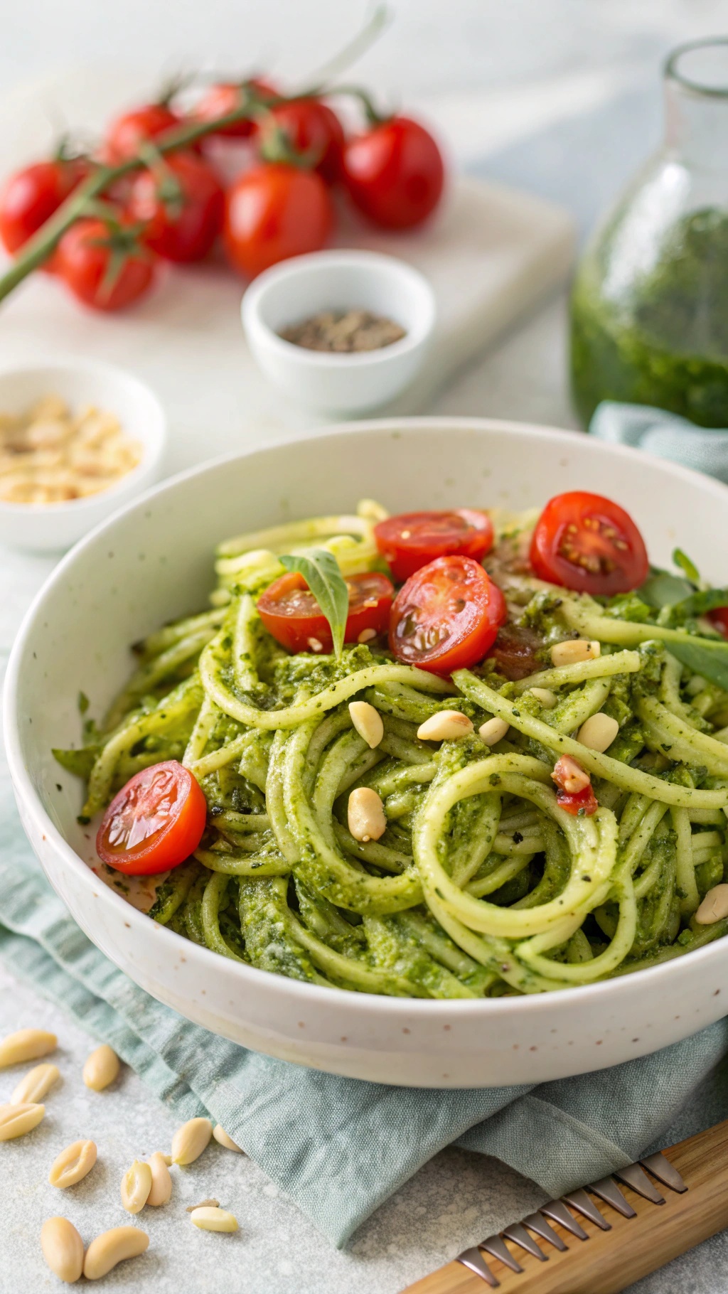 A bowl of zucchini noodles with pesto, topped with cherry tomatoes and pine nuts.