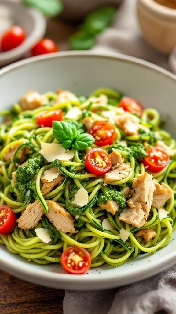 A bowl of zucchini noodles topped with rotisserie chicken, pesto, cherry tomatoes, and parmesan cheese.