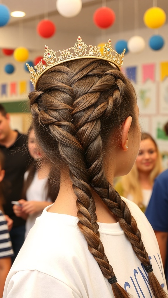 A girl with braided hair styled in a crown shape, wearing a decorative crown.