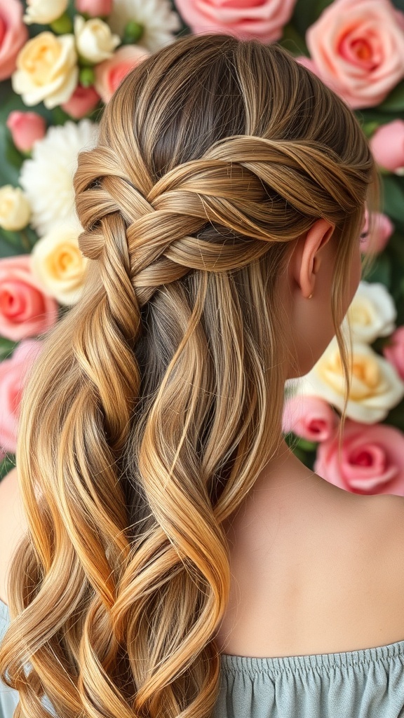 A woman with braided half-up hairstyle, showcasing loose waves and a floral background.