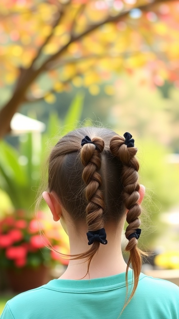 A girl with a bubble ponytail hairstyle, featuring two sections tied with black bows.