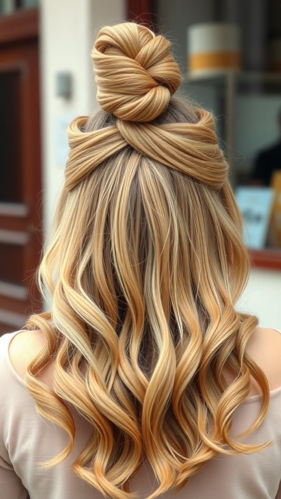 A stylish half-up top knot hairstyle with flowing wavy hair.