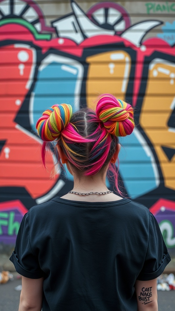 A person with colorful space buns hairstyle standing in front of a vibrant graffiti wall.