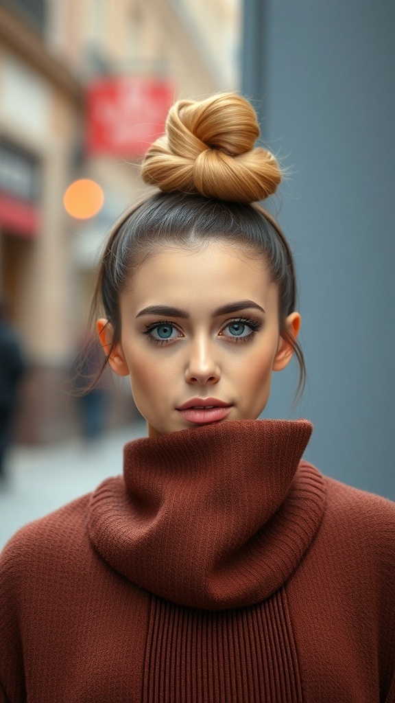 A woman with a chic top knot hairstyle, wearing a brown sweater, with a blurred city background.
