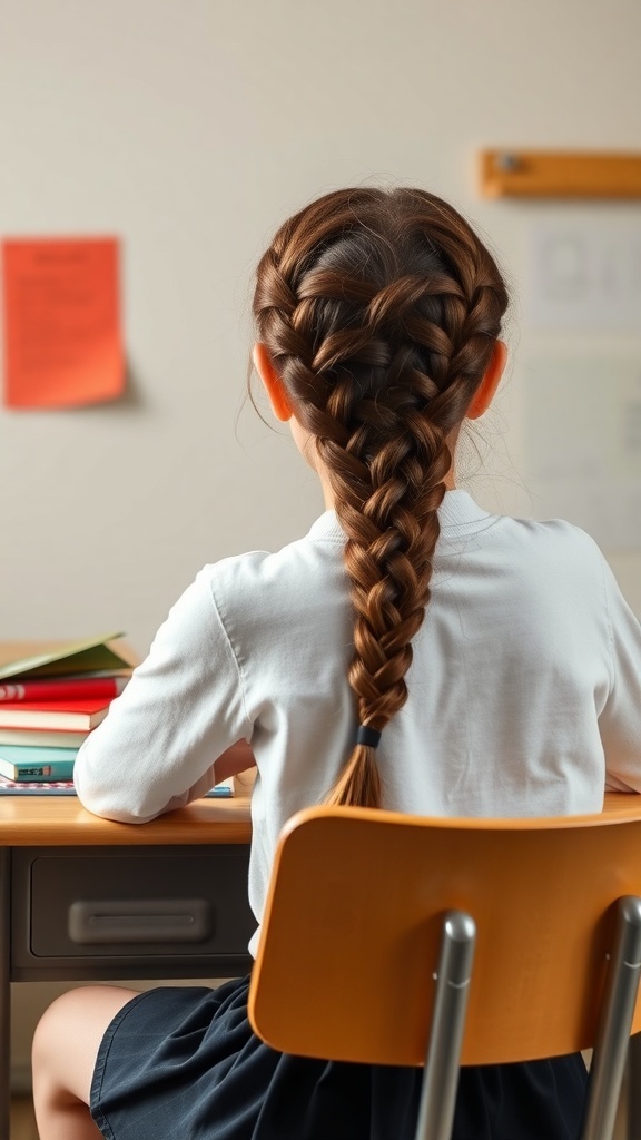 A girl with a classic French braid hairstyle, sitting at a desk with books.