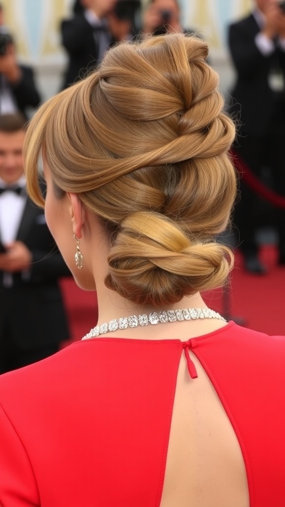A woman with a classic French twist hairstyle, wearing a red dress and a sparkling necklace.