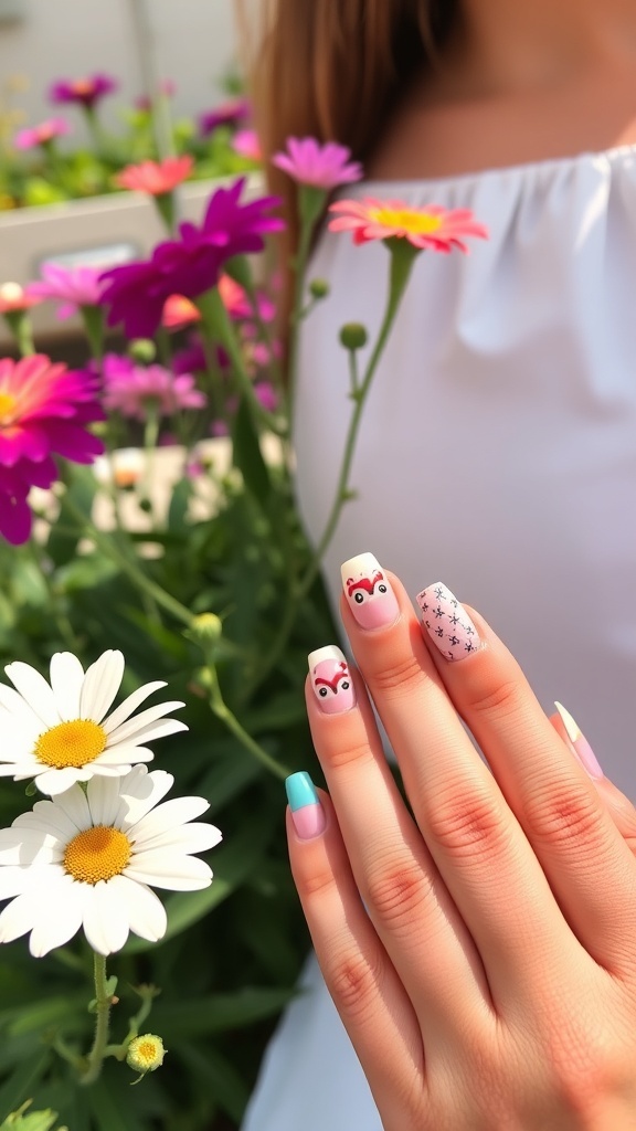 A hand with colorful summer nails featuring a classic French tip design and playful patterns, surrounded by flowers.