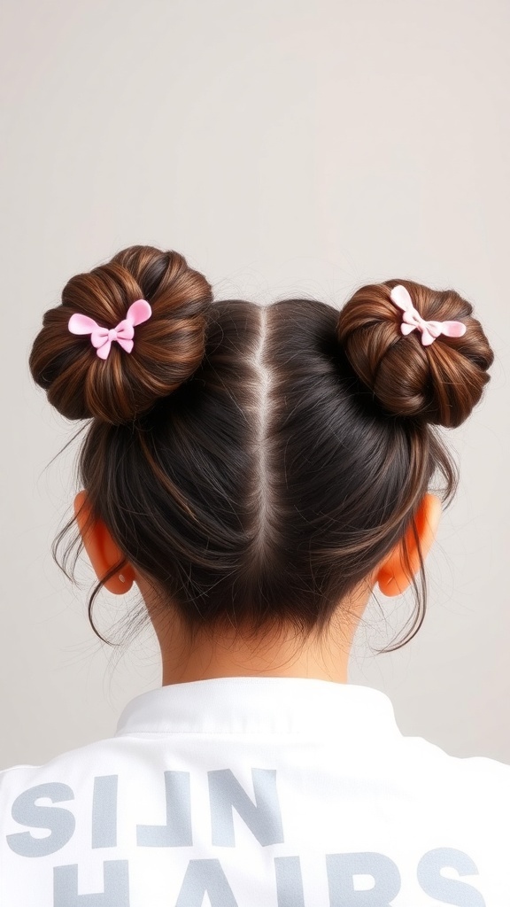A person with two space buns in their hair, decorated with pink bows.