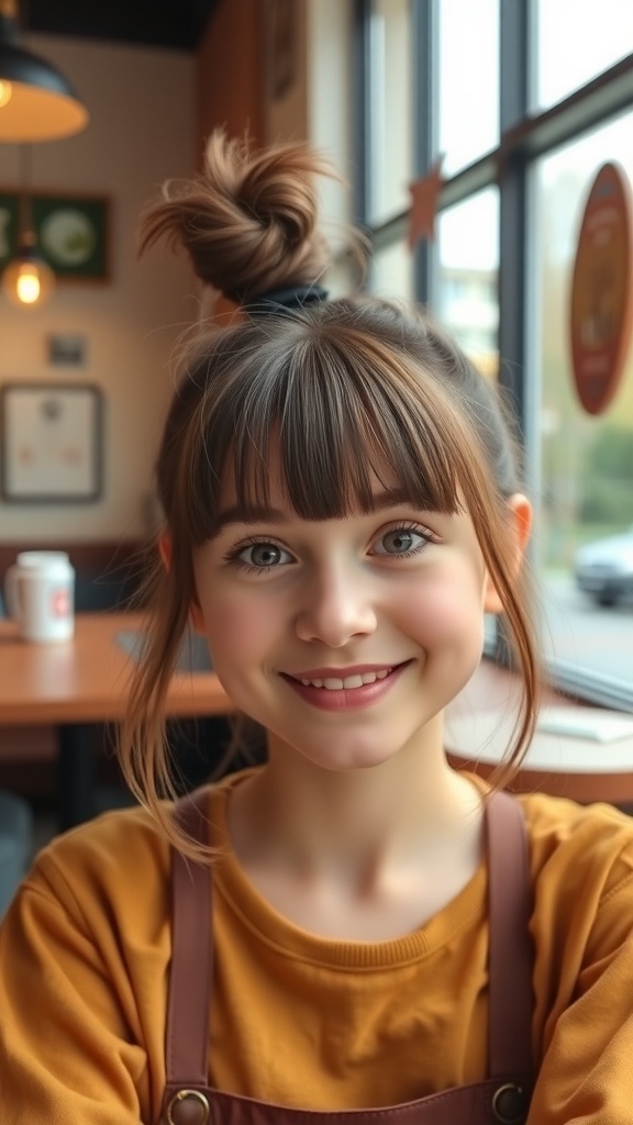 A young girl with a top knot hairstyle and bangs, smiling in a cozy cafe setting.