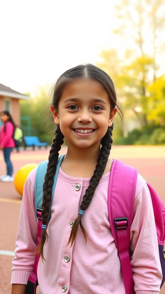A girl with double braided pigtails, wearing a pink cardigan and carrying a pink backpack, smiling at school.