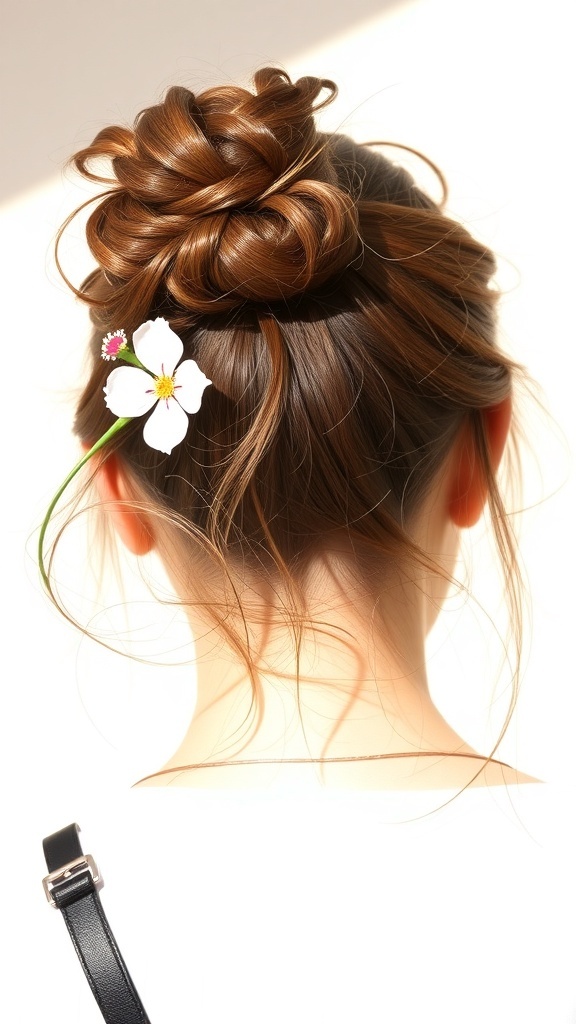 A woman with a messy bun hairstyle decorated with a flower, showcasing a casual and stylish look.