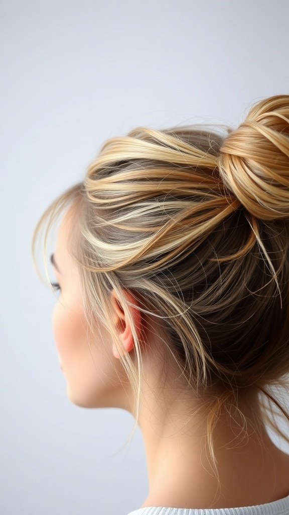 A close-up view of a messy bun hairstyle with soft strands framing the face.