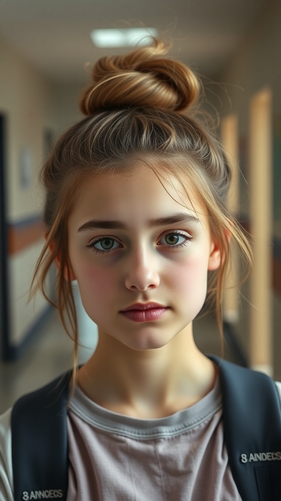 A young girl with a messy bun hairstyle, looking stylish and casual in a school hallway.