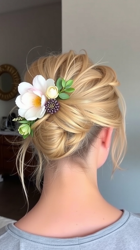 A woman with blonde hair styled in a messy bun decorated with flowers.
