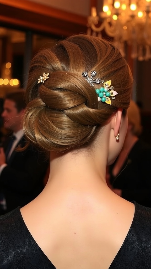 A stylish French twist hairstyle with decorative hair accessories.