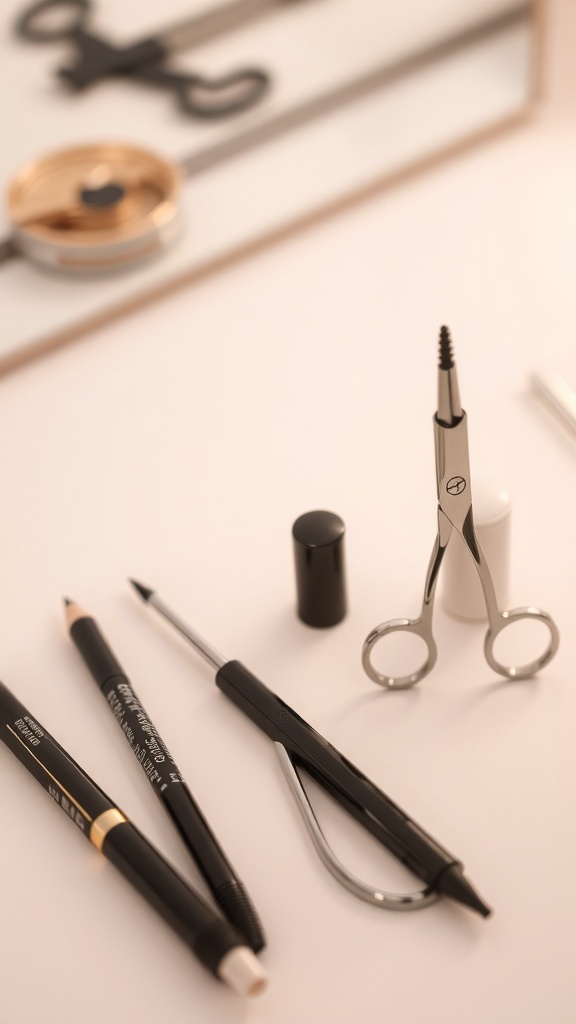 A collection of eyebrow shaping tools including pencils, scissors, and tweezers.