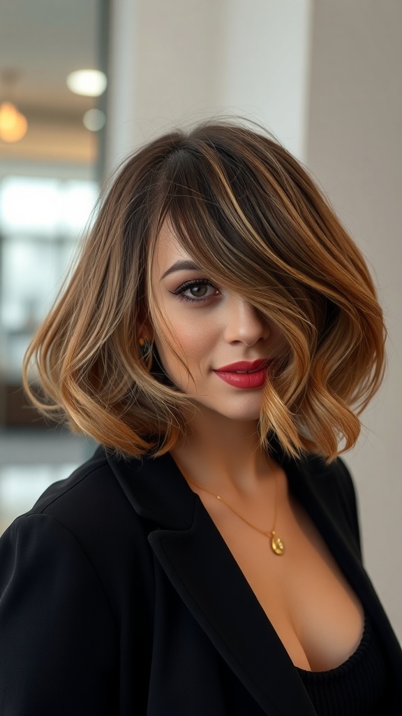 A woman with a faux bob hairstyle featuring soft waves, wearing a black blazer and a necklace, smiling at the camera.