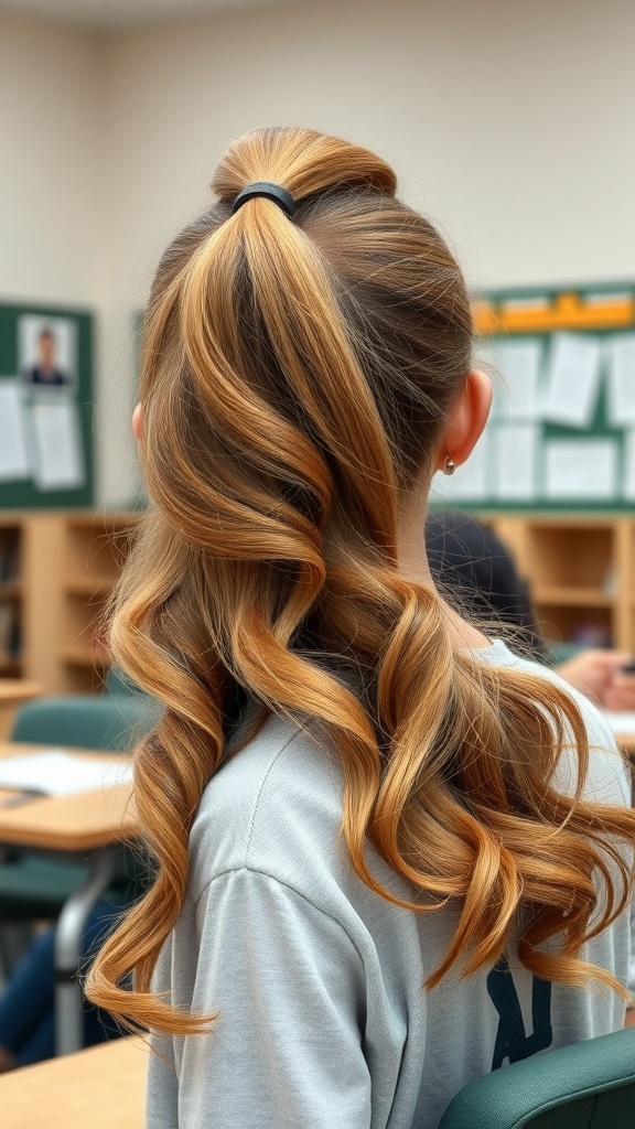 A girl with a half-up ponytail and wavy hair, sitting in a classroom.