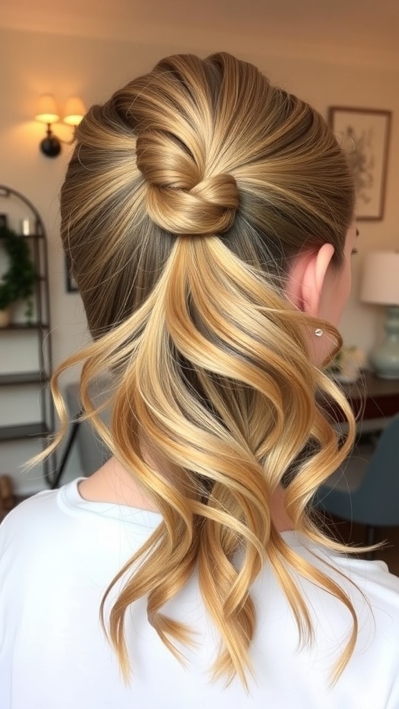 A half-up twisted ponytail hairstyle with flowing curls