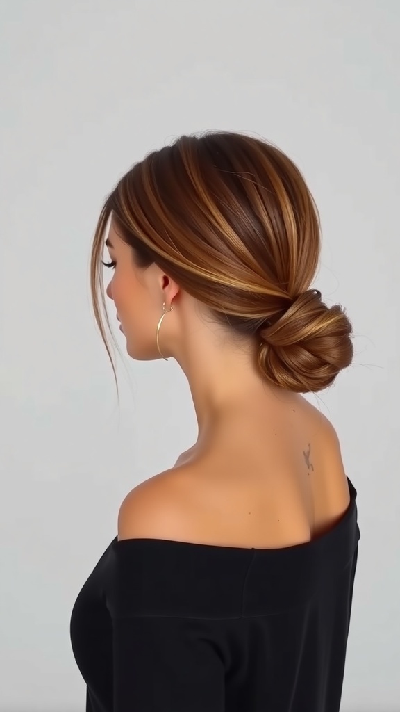 A woman with a low ponytail wrapped with hair, wearing hoop earrings and an off-shoulder top.