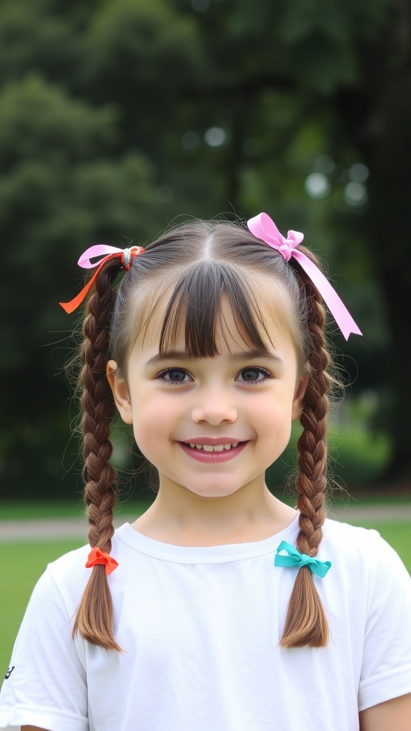 A young girl with braided pigtails and colorful ribbons, smiling in a park.