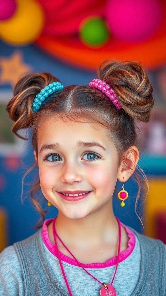 A young girl with playful space buns hairstyle, wearing colorful accessories.