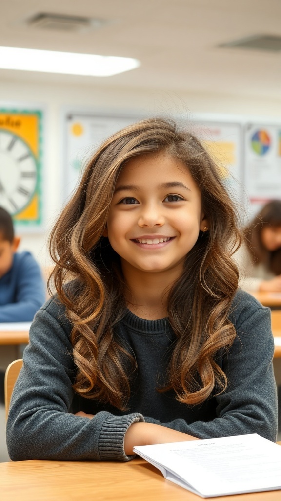 A young girl with side swept loose curls smiling in a classroom.