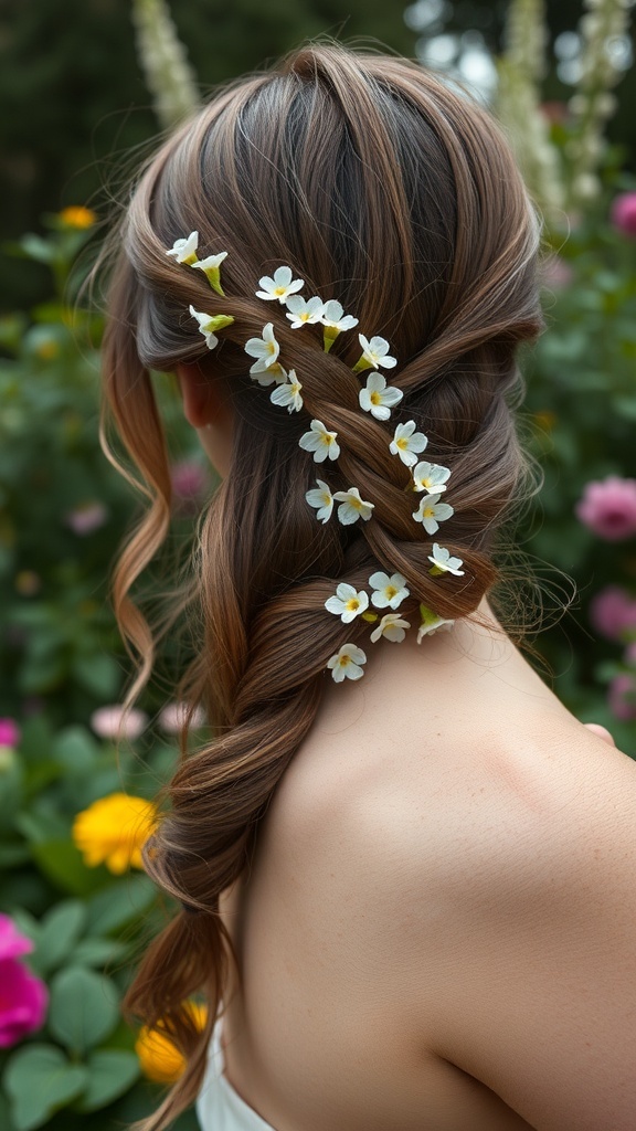 A woman with a side braid decorated with small white flowers, surrounded by colorful flowers in a garden.