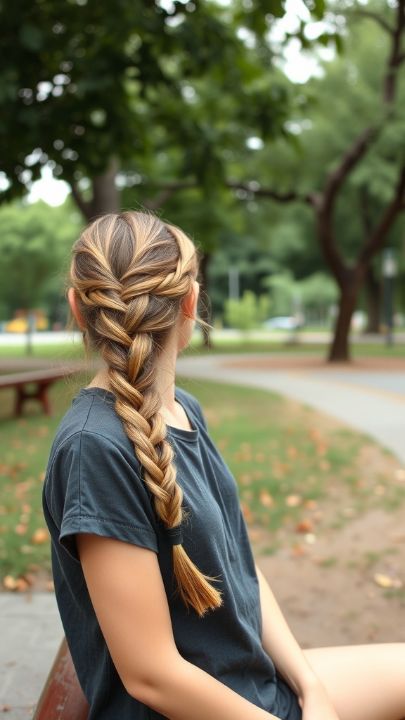 A woman with a simple side braid sitting outdoors