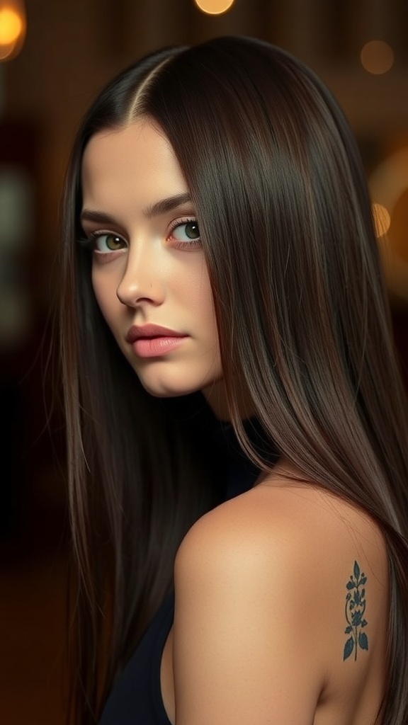 A person with long, straight hair, looking confidently at the camera.