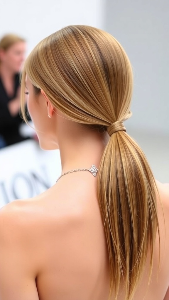 A sleek low ponytail hairstyle, showing smooth and shiny hair gathered at the nape of the neck.