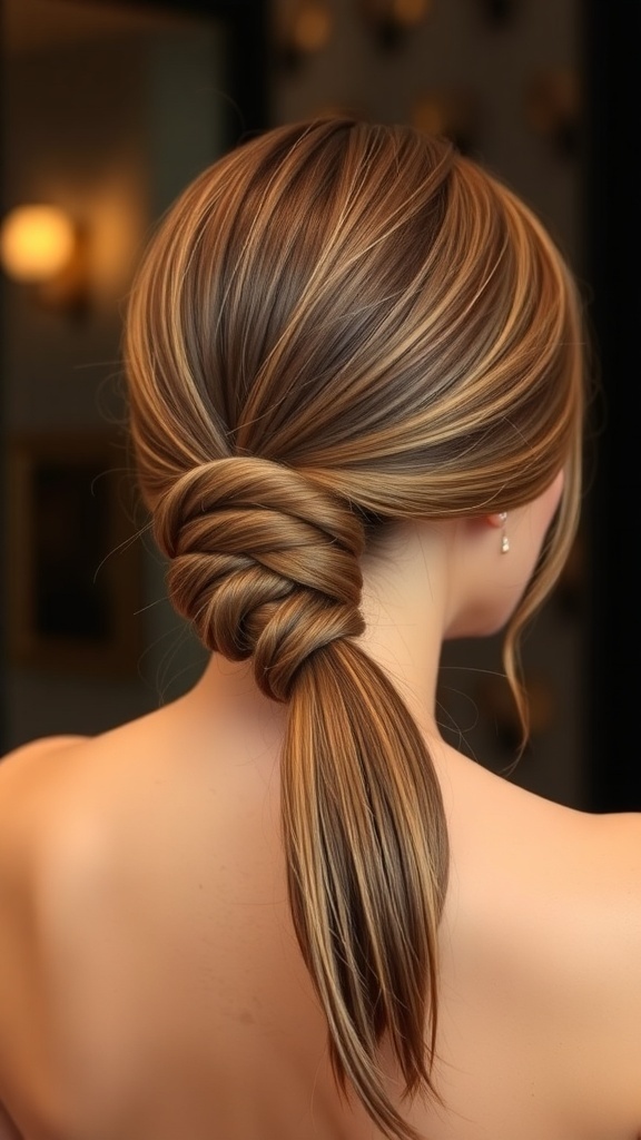 A sleek low ponytail hairstyle with smooth, shiny hair styled elegantly.