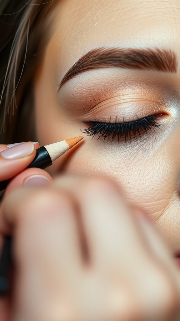 A close-up of a person shaping their eyebrows with a pencil.