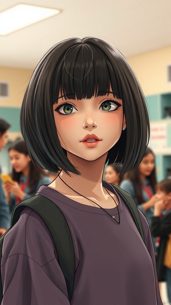 A student with a textured bob cut, looking stylish and ready for school.