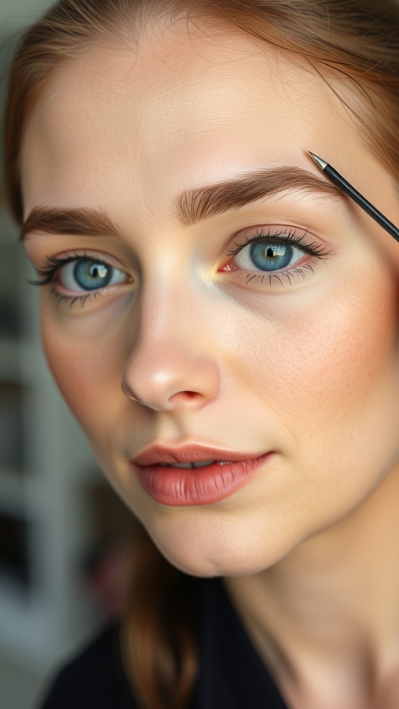 A close-up of a person shaping their eyebrows with a pencil, showcasing a focus on DIY brow shaping.