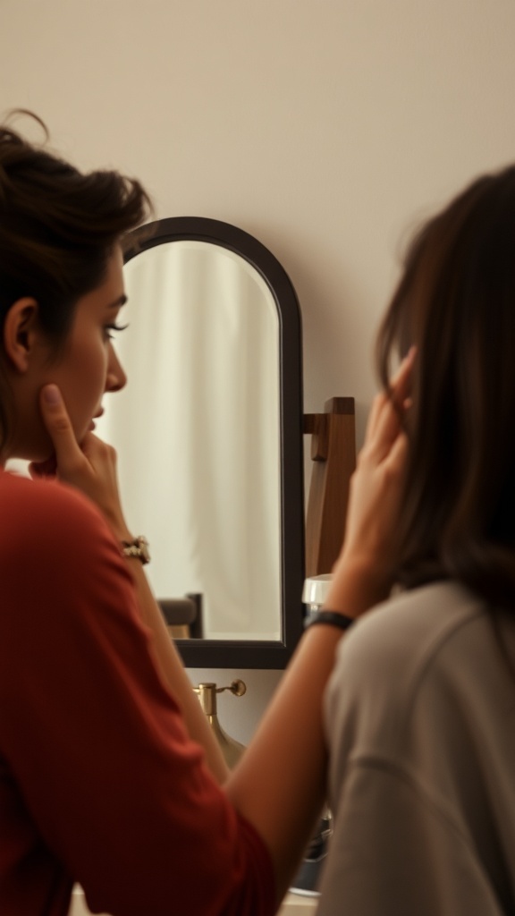 Two people in a bathroom looking at their eyebrows in the mirror.