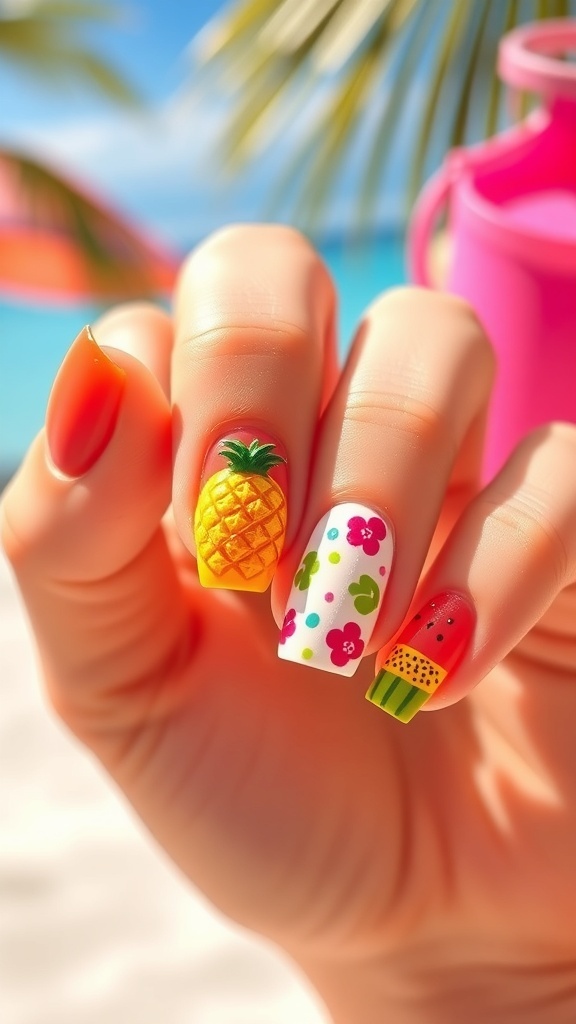 Colorful summer nail design featuring tropical fruit accents like pineapples and watermelons.