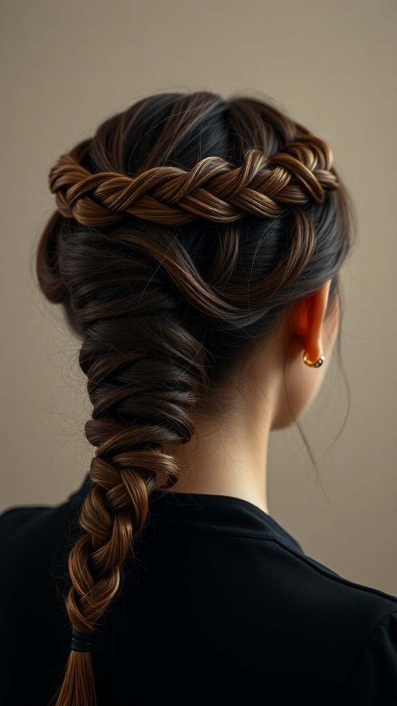 A woman with a twisted crown braid hairstyle, featuring a braid wrapped around her head and a classic braid down her back.