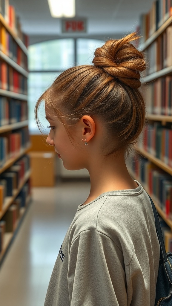 A girl with a twisted half-updo hairstyle, standing in a library aisle.
