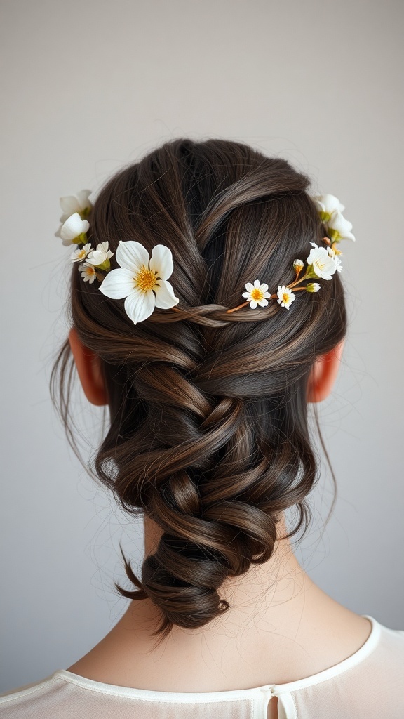A woman with a twisted halo braid adorned with flowers.