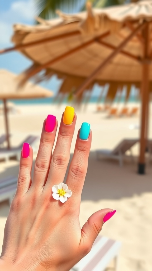 A hand with vibrant neon nails in pink, yellow, and turquoise, holding a flower ring, with a beach background.