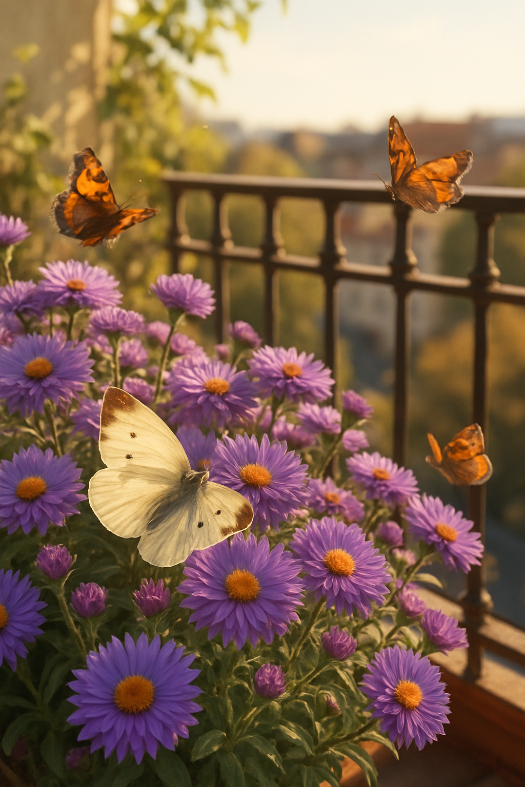 A beautiful display of asters with butterflies fluttering around them on a balcony.