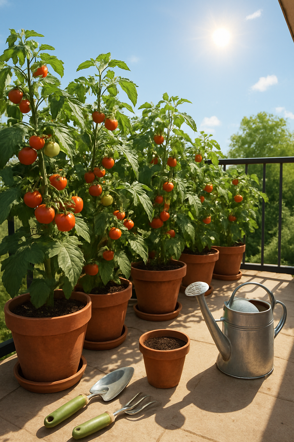A balcony garden with tomato plants in pots, gardening tools, and a bright sky.